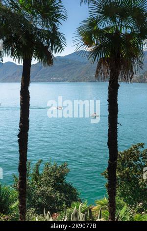 Lac d'Italie, vue en été depuis les collines au-dessus de la ville pittoresque de Varenna de bateaux naviguant sur le lac de Côme, Lombardie, Italie Banque D'Images