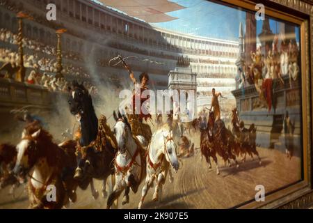 Peinture montrant une course dramatique de chars dans la Rome antique. Banque D'Images