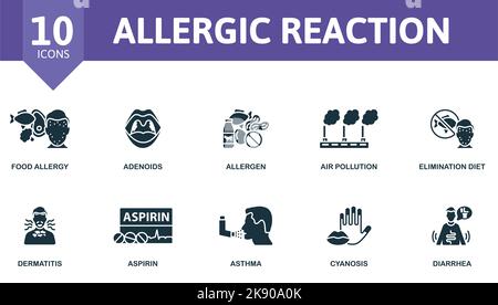 Jeu d'icônes de réaction allergique. Collection d'icônes de réaction allergique simple monochrome. Allergie alimentaire, adénoïdes, allergène, pollution de l'air, régime d'élimination Illustration de Vecteur