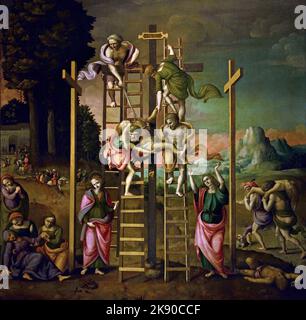 La peinture de la Deposition 1518 de Francesco Ubertini appelée Bacchiacca Florence, Italie. Italien, Croix Crucifixion ( sainte Deposition se rapporte à l'histoire dans l'évangile, Joseph et Nicodème avec la permission de Ponce Pilate, a déposé le corps du Christ de la croix, ils l'ont ensuite oint avec des fragrances et l'ont déposé dans un nouveau tombeau, ) Banque D'Images