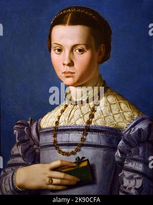 Portrait d'une jeune fille avec un livre 1545 par Agnolo Bronzino, Mannérisme, (fin de la Renaissance), Florence, Italie. Banque D'Images