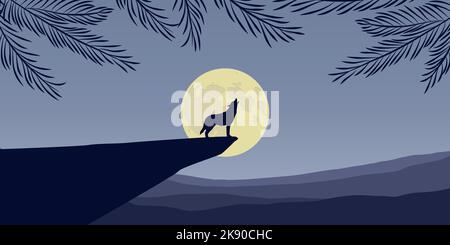 le loup hurle dans un paysage de pleine lune Illustration de Vecteur