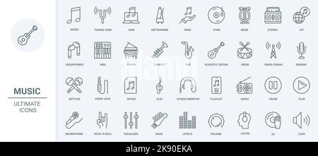 Les icônes de musique à lignes fines définissent l'illustration vectorielle. Décrire les symboles des instruments de musique et les disques en vinyle pour les fans, les haut-parleurs stéréo et les écouteurs pour écouter le son du studio, les boutons de liste de lecture d'interface et les notes Illustration de Vecteur