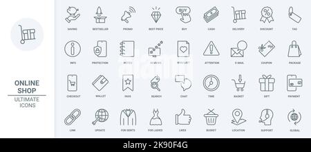 Boutique en ligne, commerce icônes de ligne mince définir l'illustration vectorielle. Outline coupon pour les cadeaux et les étiquettes de rabais, la protection et le soutien d'épargne d'argent, la banque de piggy pour le paiement, la recherche d'information pour la liste de souhaits Illustration de Vecteur