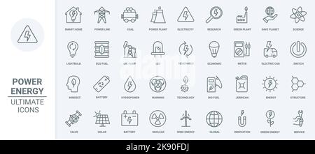 Innovation recherche dans l'énergie et la production d'énergie les icônes de ligne mince définissent l'illustration vectorielle. Description de panneaux solaires et éolienne, centrale nucléaire et d'eau, voiture électrique, état d'esprit écologique pour sauver la planète Illustration de Vecteur