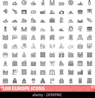 ensemble de 100 icônes pour l'europe. Schéma illustration de 100 icônes europe ensemble de vecteurs isolé sur fond blanc Illustration de Vecteur