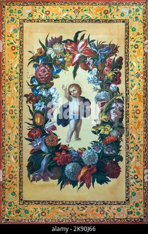 ENTREVES, ITALIE - JUNY 12, 2022: La peinture traditionnelle symbolique petit Jésus parmi les fleurs dans l'église Santa Margherita par artiste inconnu. Banque D'Images