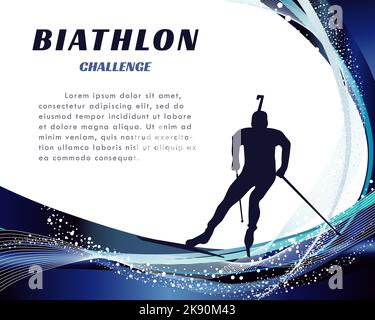 Bannière de défi de biathlon avec arrière-plan d'hiver abstrait. Silhouette d'athlète de biathlon. Jeux d'hiver. Illustration vectorielle. Illustration de Vecteur