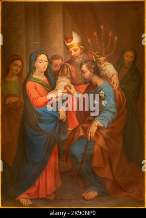 COURMAYEUR, ITALIE - 12 JUILLET 2022 : la peinture du mariage de la Vierge Marie et de Saint Joseph dans le sanctuaire de notre Dame de Guérison Banque D'Images