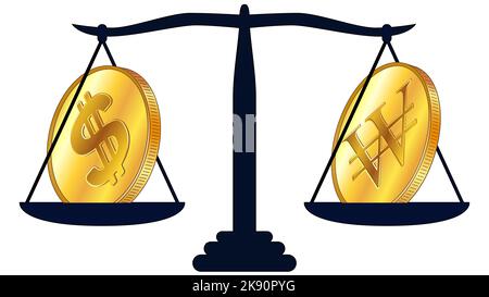 La pièce d'or du dollar américain USD et la République de Corée ont gagné le KRW sur des balances isolées sur fond blanc. Lois sur les ressources numériques CBDC. Elem de conception vectorielle Illustration de Vecteur