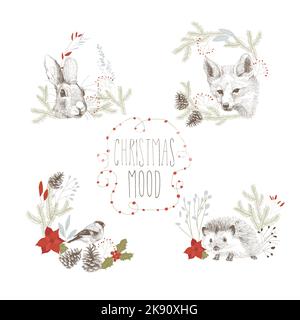 Carte vectorielle avec animaux dessinés à la main en serres d'hiver avec branches d'épinette et sapin Cones Illustration de Vecteur