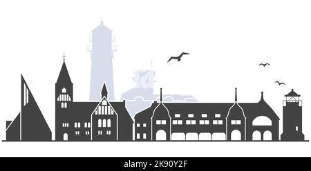 Paysage urbain de l'île de Sylt avec des monuments, silhouette de la station balnéaire allemande, contour des Westerland, vecteur Illustration de Vecteur