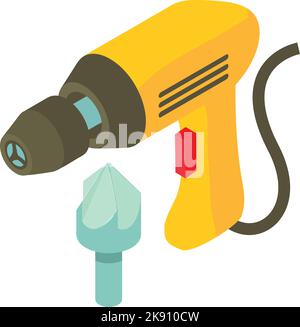 Icône de perceuse électrique vecteur isométrique. Icône de foret électrique et de fraisage jaune. Outils électriques, travaux de construction et de réparation Illustration de Vecteur