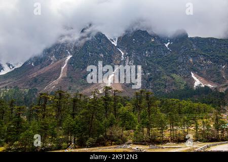 Les belles montagnes de la vallée de Yumesamdong avec des nuages moelleux Banque D'Images