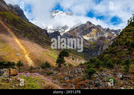 Les belles montagnes de la vallée de Yumesamdong avec des nuages moelleux Banque D'Images