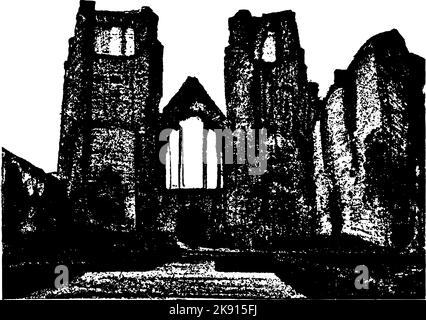 Ruines anciennes de la vieille église avec tours et entrée. Illustration noir et blanc à contraste élevé. Illustration de Vecteur