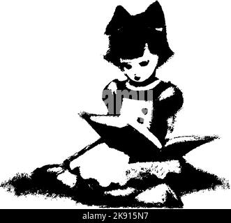 Jeune fille assise avec un grand livre, la lecture. Arc dans ses cheveux, noir et blanc dessin à la main illustration. Illustration de Vecteur