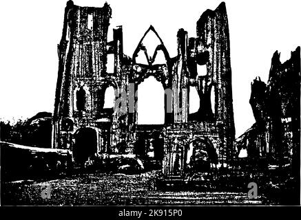 Ruines anciennes de la vieille église avec tours et entrée. Illustration noir et blanc à contraste élevé. Illustration de Vecteur