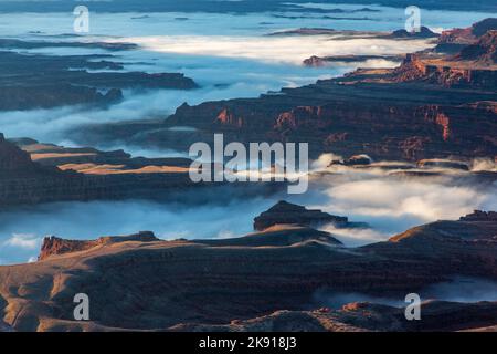 Une inversion de température en hiver produit un brouillard rare dans les canyons au-dessous du parc national Dead Horse point, à Moab, Utah. Banque D'Images