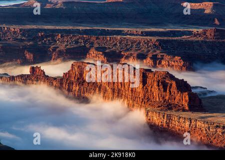 Une inversion de température en hiver produit un brouillard rare dans les canyons au-dessous du parc national Dead Horse point, à Moab, Utah. Banque D'Images