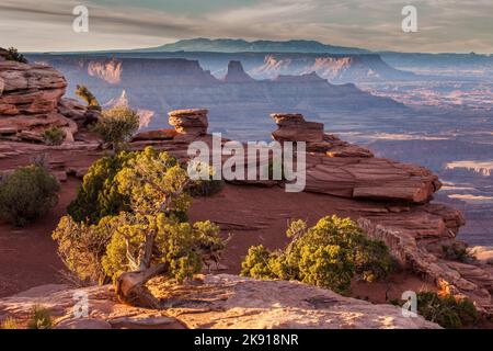 Vue vers le sud depuis le parc national Dead Horse point vers Hatch point et les montagnes Abajo dans le sud-est de l'Utah. Banque D'Images