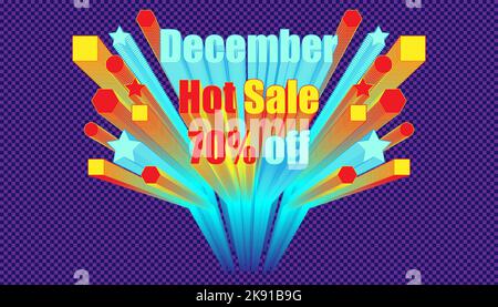 Une vente lumineuse bannière de décembre 70 pour cent de rabais avec feux d'artifice sur un fond violet Illustration de Vecteur
