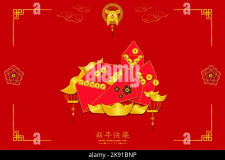 Une carte de célébration sur le thème du nouvel an chinois avec des enveloppes avec pièces de monnaie sur fond rouge Illustration de Vecteur