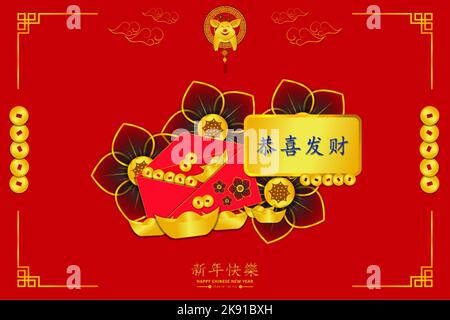 Une carte de célébration sur le thème du nouvel an chinois avec des enveloppes avec pièces de monnaie sur fond rouge Illustration de Vecteur