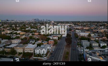 Vue sur le coucher du soleil à Los Angeles avec palmiers et centre-ville en arrière-plan. Banque D'Images