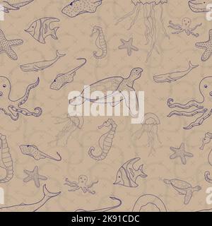 Un motif sans couture d'animaux de l'océan dans un style de dessin à la main Illustration de Vecteur