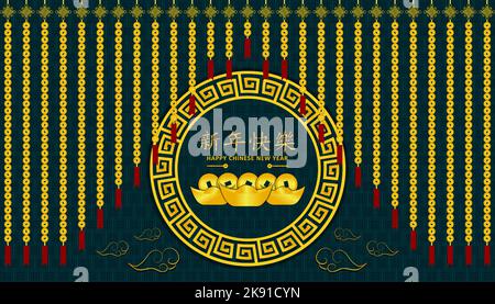 Happy Chinese New Year carte noire décorée avec des motifs de style traditionnel Illustration de Vecteur