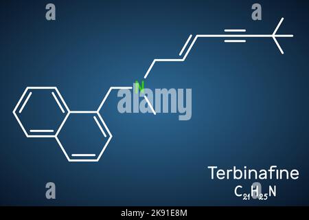 Molécule de Terbinafine. Formule chimique structurelle sur fond bleu foncé Illustration de Vecteur