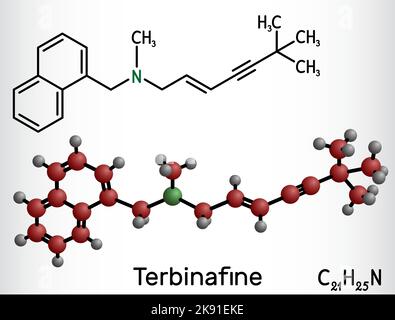 Molécule de Terbinafine. Formule chimique structurelle, modèle moléculaire. Illustration de Vecteur