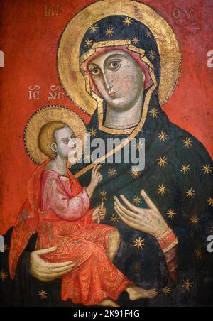 Vierge et enfant par un peintre vénitien-byzantin. Fin du 13th siècle ou début du 14th siècle. Tempera sur bois. Banque D'Images