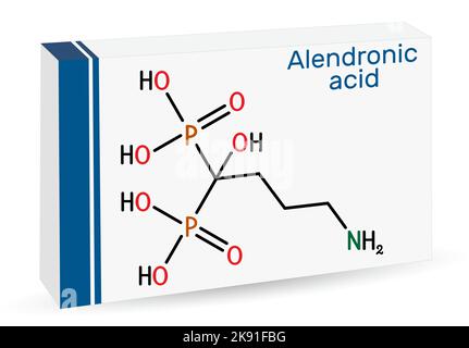 Molécule d'acide alendronique. C'est le bisphosphonate médicament, utilisé pour le traitement de l'ostéoporose. Formule chimique du squelette. Emballage en papier pour médicaments. Vecteur Illustration de Vecteur