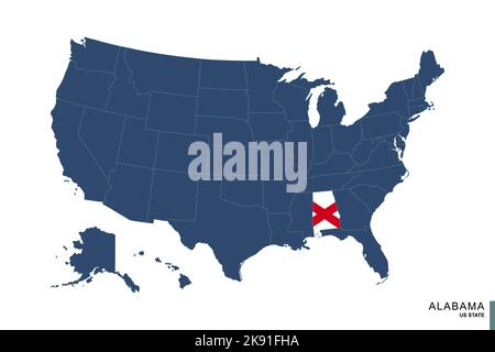 État de l'Alabama sur la carte bleue des États-Unis d'Amérique. Drapeau et carte de l'Alabama. Illustration vectorielle. Illustration de Vecteur