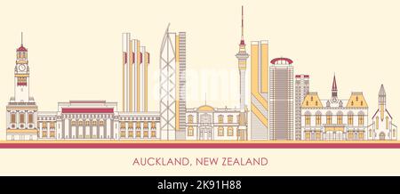 Caricature panorama Skyline de la ville d'Auckland, Nouvelle-Zélande - illustration vectorielle Illustration de Vecteur