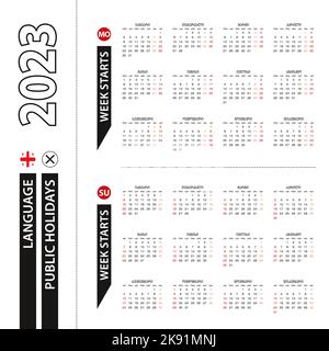 Deux versions du calendrier 2023 en géorgien, la semaine commence à partir du lundi et la semaine commence à partir du dimanche. Modèle vectoriel. Illustration de Vecteur