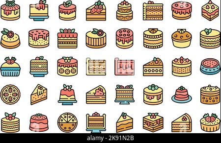 Les icônes Cheesecake définissent le vecteur de contour. Gâteau dessert. Couleur de la pièce de coupe isolée à plat Illustration de Vecteur