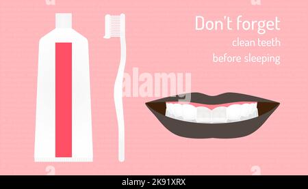 Un vecteur d'un grand sourire de belles dents, brosse à dents et une pâte avec un texte modifiable Illustration de Vecteur