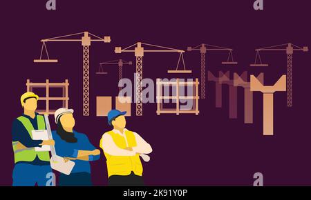 Vecteur d'un homme et d'une femme d'ingénierie debout regardant le ciel devant le constructeur Illustration de Vecteur