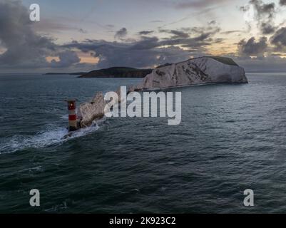 Vue aérienne du phare des aiguilles de l'île de Wight, Royaume-Uni Banque D'Images