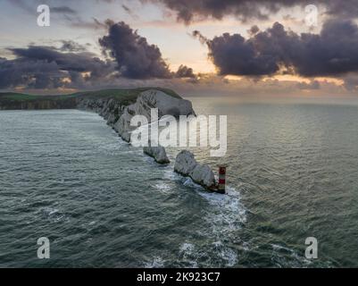 Vue aérienne du phare des aiguilles de l'île de Wight, Royaume-Uni Banque D'Images