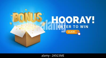Affiche de bannière de l'annonce du concept de bonus du quiz de cadeau. Boîte-cadeau bonus boîte ouverte. Illustration de Vecteur