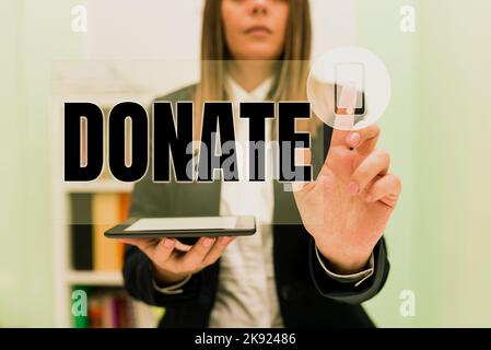 Légende de texte présentant Donate. Un cadeau d'approche commerciale pour une œuvre de bienfaisance au profit d'une cause peut satisfaire des besoins médicaux Banque D'Images
