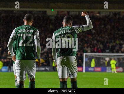 BUT Plymouth Argyle Forward Morgan Whittaker (19) célèbre un but à faire 2-1 pendant le match Sky Bet League 1 Plymouth Argyle vs Shrewsbury Town at Home Park, Plymouth, Royaume-Uni, 25th octobre 2022 (photo de Stanley Kasala/News Images) Banque D'Images