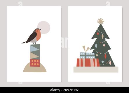 Cartes de vœux de Noël rétro, ensemble d'invitations. Oiseau Finch et arbre de Noël décoré avec des boîtes-cadeaux.Abstract éléments géométriques décoratifs Illustration de Vecteur
