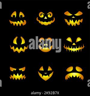 Émoticônes à visages luisants. Halloween effrayante emojis of Angry Ghost, ou Alien, créatures effrayantes avec les mauvais yeux, les dents, et Creepy Smiles mis sur Bla Illustration de Vecteur