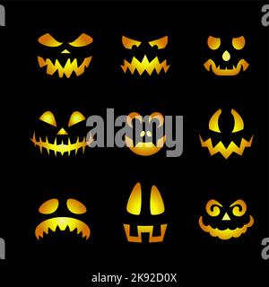 Émoticônes à visages luisants. Halloween effrayante emojis of Angry Ghost, ou Alien, créatures effrayantes avec les mauvais yeux, les dents, et Creepy Smiles mis sur Bla Illustration de Vecteur