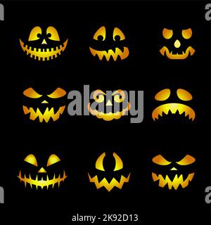 Émoticônes à visages luisants. Halloween effrayante emojis of Angry Ghost, ou Alien, créatures effrayantes avec les mauvais yeux, les dents, et Creepy Smiles mis sur Bla Illustration de Vecteur